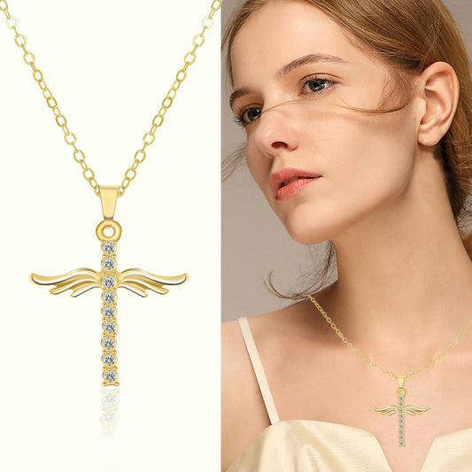 Angel Wings Cross Pendant Necklace For Woman With O Type Stainless Steel Chain Necklace Jewelry